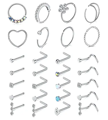 Mixed set of stainless steel nose hoops and L-shaped studs in silver, rose gold, and black