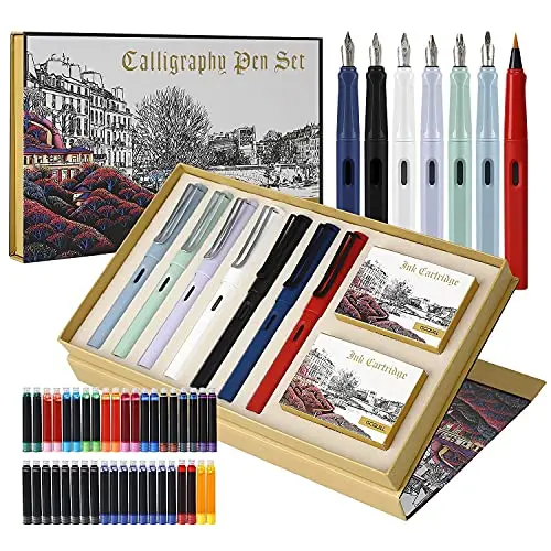 GC QUILL calligraphy fountain pen set with 7 nibs and colored inks