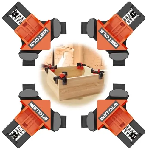 WETOLS orange corner clamps holding wood at perfect right angle