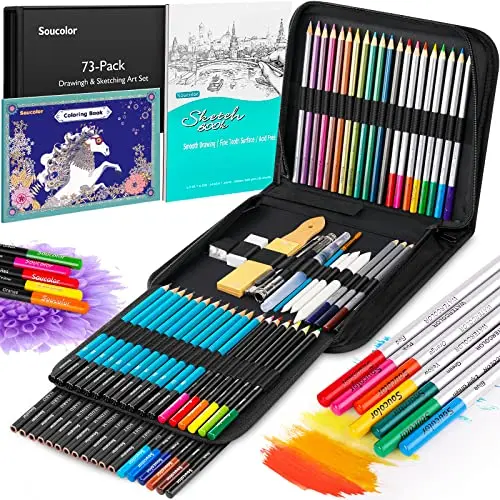 Soucolor 73-piece art supplies sketching kit in zipper case