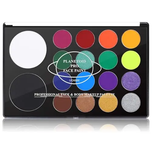 UCANBE water-activated face and body paint palette with 18 colors and extra large white and black