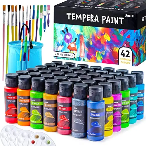 JOYIN 42-color washable tempera paint set with brushes and palettes