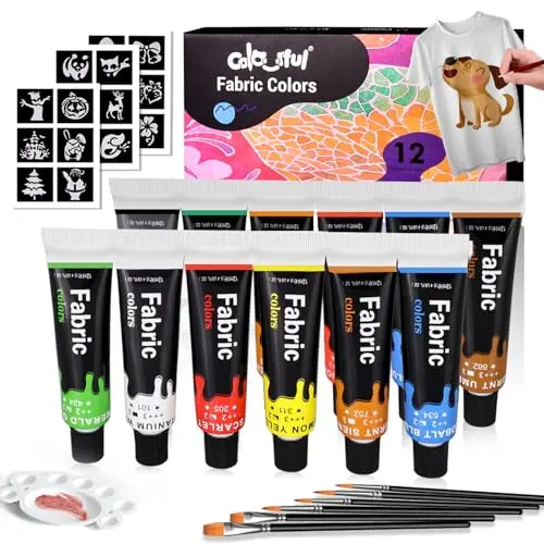 Colorful fabric paint set with 12 colors and brushes