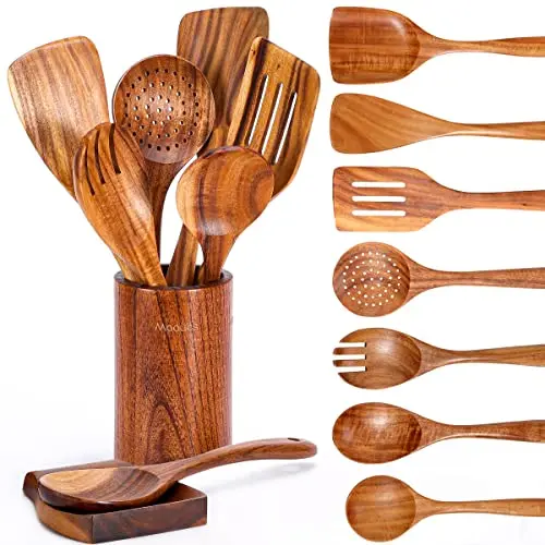 Mooues natural teak wooden kitchen utensil set with spoon rest and holder