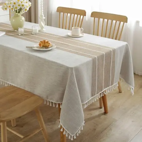 JIALE cotton linen tablecloth with decorative tassels in striped brown