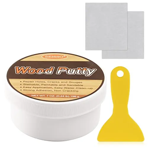 SEISSO wood repair kit with white putty, scraper, and sandpaper