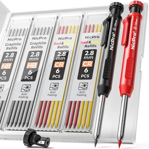 Nicpro carpenter pencil set with built-in sharpener and refills