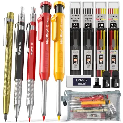 Nicpro carpenter pencil set with multiple lead sizes and scribe tool