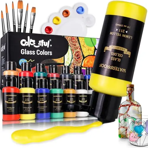 Colorful stain glass paint set with brushes, palette, and sponge