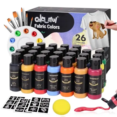Colorful 26-color permanent fabric paint set with brushes and palette