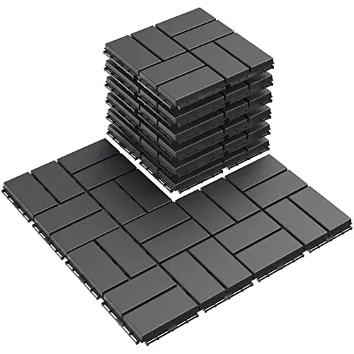 Goovilla dark grey plastic interlocking deck tiles with rectangular snaps and drainage flats