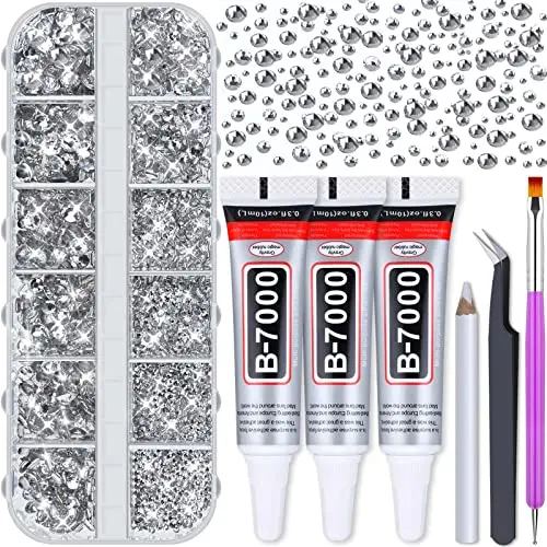 AUDAH B7000 glue kit with glass rhinestones, tweezers, and application tools