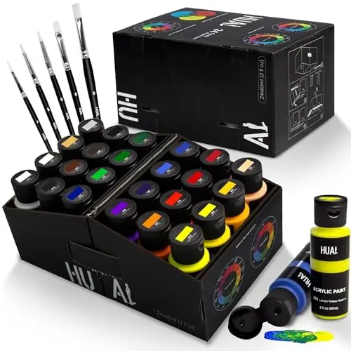 HUAL acrylic paint set with 24 colors and 5 brushes for model painting