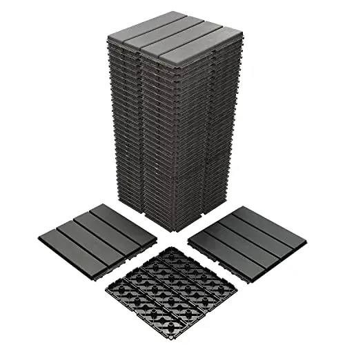 MinCHI257 dark grey plastic interlocking deck tiles showing drainage holes and snap connectors