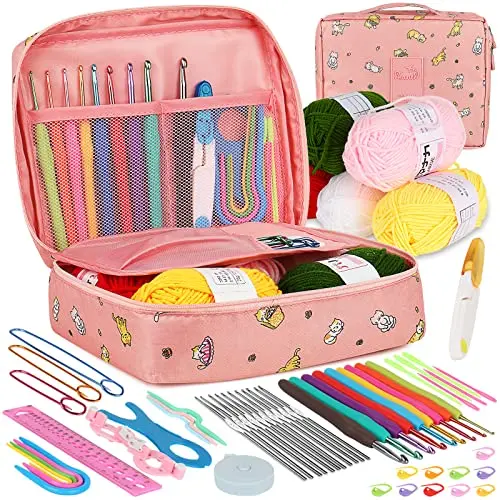 Aeelike crochet kit with yarn, hooks, and pink storage bag