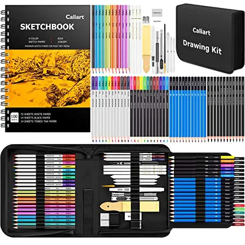 Caliart 176-piece art supplies kit with sketchbook and variety of pencils