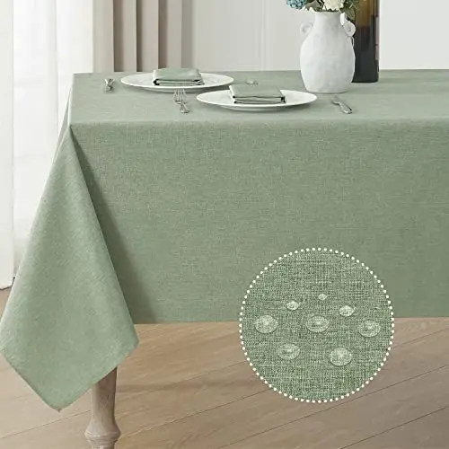 Veblandy sage green linen-textured tablecloth with waterproof protection