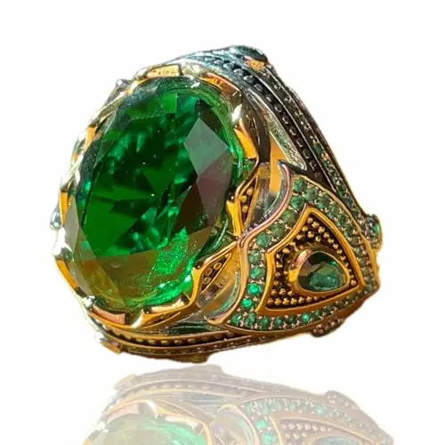 TASHILONG emerald stone men's silver ring with engraved Turkish design