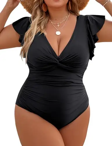 Tummy Control, Deep V, Ruffle Sleeve