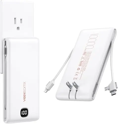 Slim Power Bank w/ Wall Plug & Built-in Cables