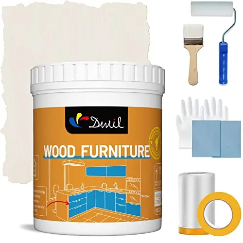 DWIL Acrylic Wood Paint kit including paint can, brush, roller, and accessories