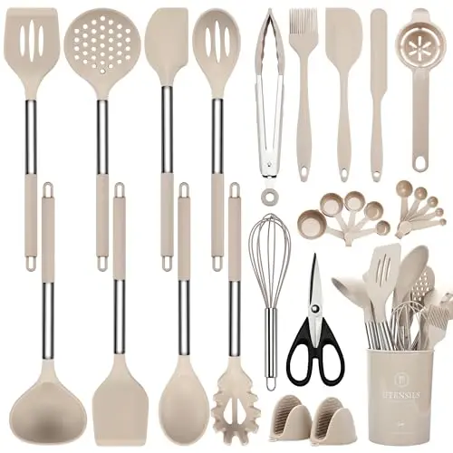 NCUE 28-piece silicone kitchen utensil set with measuring cups and spoons