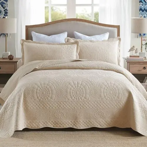 MarCielo khaki beige cotton quilt with embroidery detail