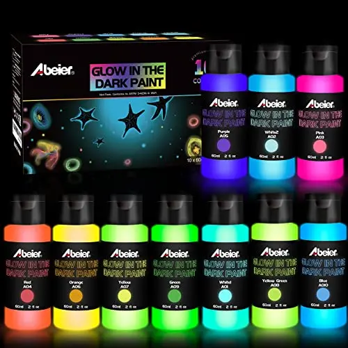 ABEIER glow in the dark acrylic paint set with 10 colors in 2oz bottles