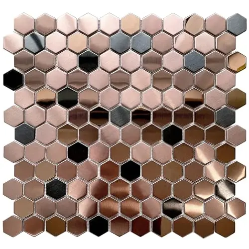 Blujellyfish hexagon stainless steel mosaic tiles in copper and black for bathroom floors
