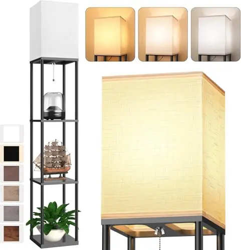 Floor Lamp with 3 Shelves & Linen Shade