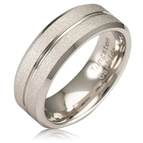 100S JEWELRY white gold sandblasted tungsten ring with center groove