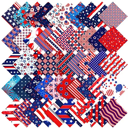 Assorted patriotic fabric squares for quilting and flag crafts
