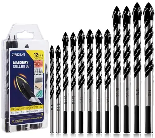 DYRECELVE 12-piece masonry drill bit set with carbide tip for concrete, brick, and wood