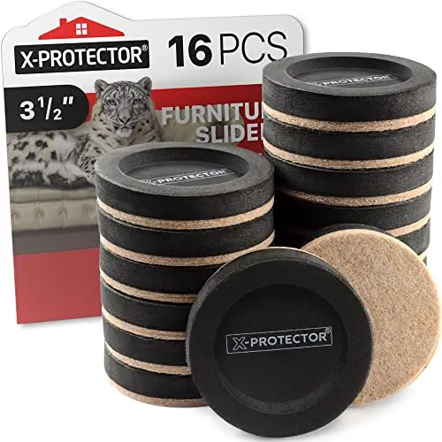X-PROTECTOR furniture sliders under couch legs on hardwood floor