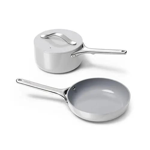 Caraway mini ceramic cookware set in gray with storage rack