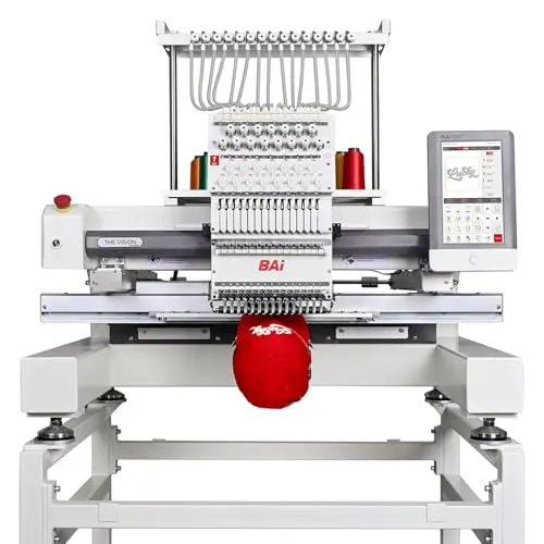 BAi The Vision commercial embroidery machine with red finish and large embroidery area