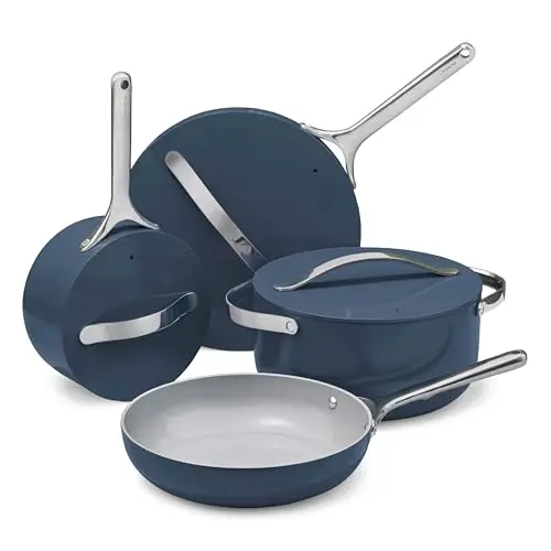 Caraway navy ceramic cookware set with storage solution
