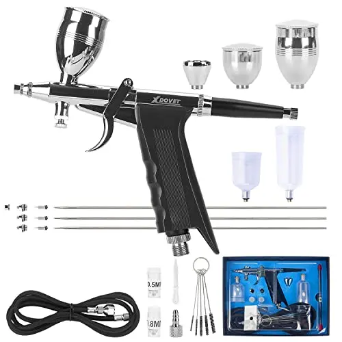 XDOVET dual-action airbrush kit with multiple cups and needles