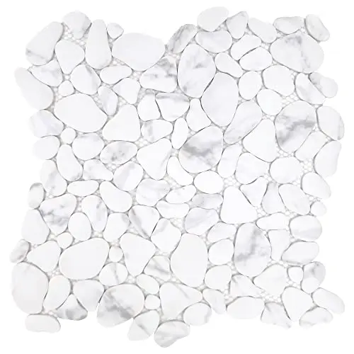 Sunwings recycled glass pebble tile for shower floor in white carrara