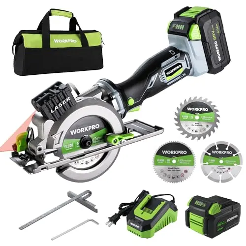 WORKPRO 20V cordless mini circular saw with battery and accessories