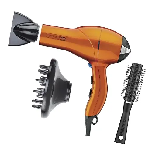 INFINITI PRO ceramic blow dryer with brush attachment in orange color