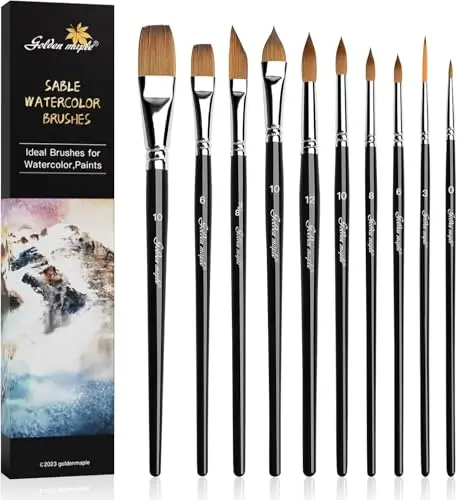 Golden Maple professional sable watercolor brush set with round tips and flats