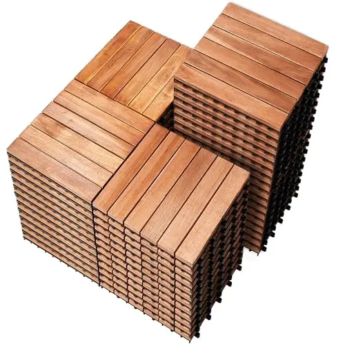 PrimeZone acacia wood interlocking deck tiles showing rich wood grain and snap-lock design