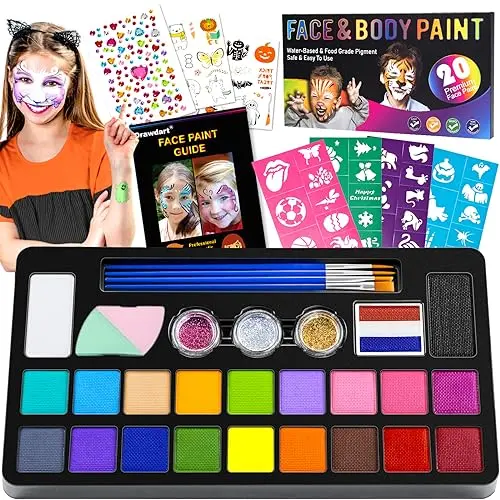 Drawdart face paint kit with multiple colors, stencils, and glitter