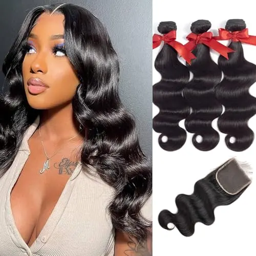 ALLRUN Body Wave Human Hair Bundles with 4x4 lace closure