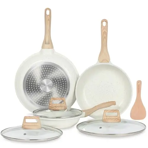 ESLITE LIFE white ceramic frying pan set with wood handles