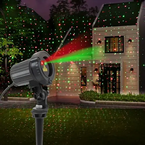 SUNFUCAN Christmas laser projector light projecting red and green stars on outdoor wall