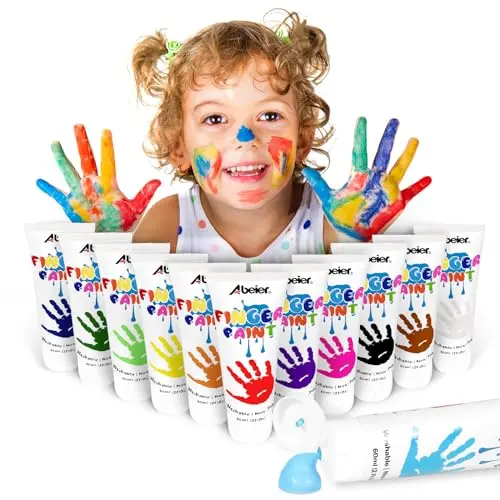 ABEIER washable finger paint set with 12 vibrant colors in large tubes