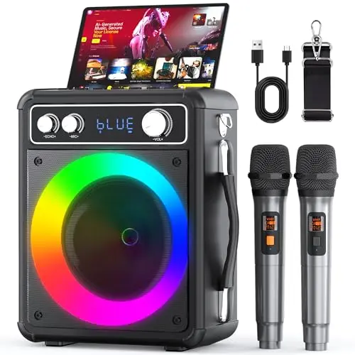 Portable PA System with Dual Mics & LED Lights