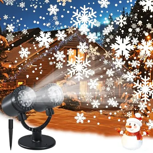 ZBPP dual-head snowflake projection light creating falling snow patterns on house exterior